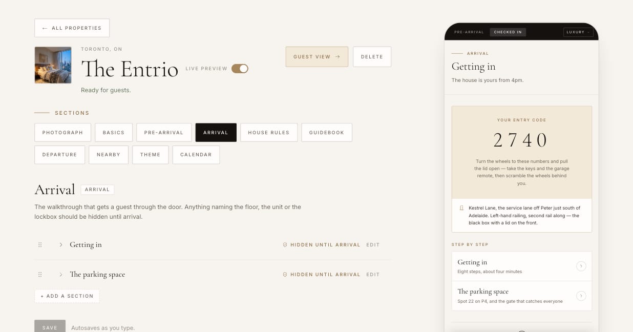The Arrival screen: sections marked hidden until arrival, beside the guest's entry code