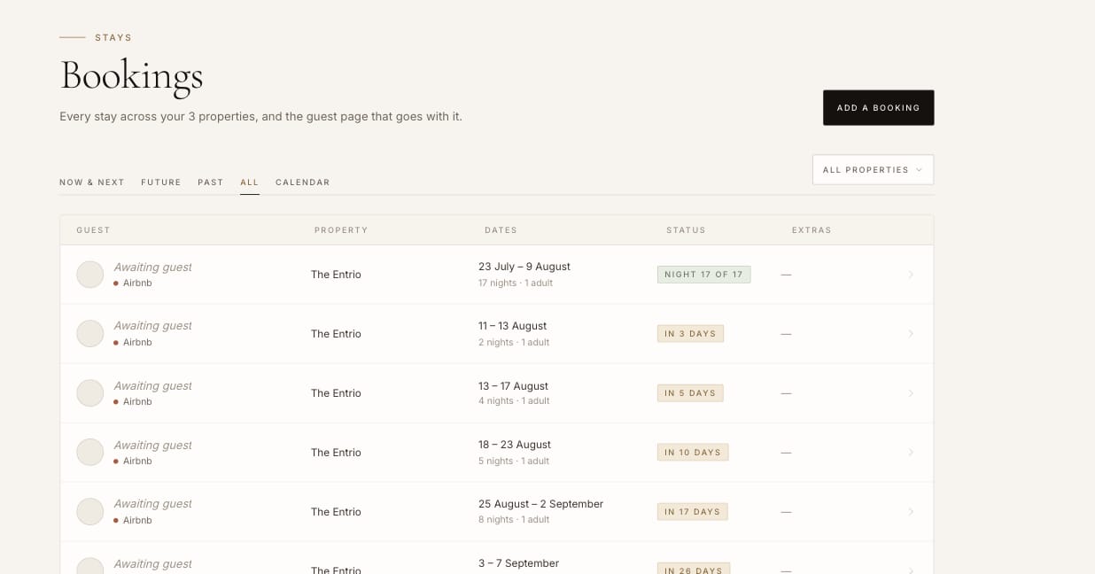 The Bookings screen: a list of stays with dates, status and extras