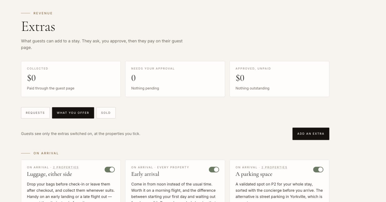 The Extras screen: the catalogue of paid extras with per-property switches